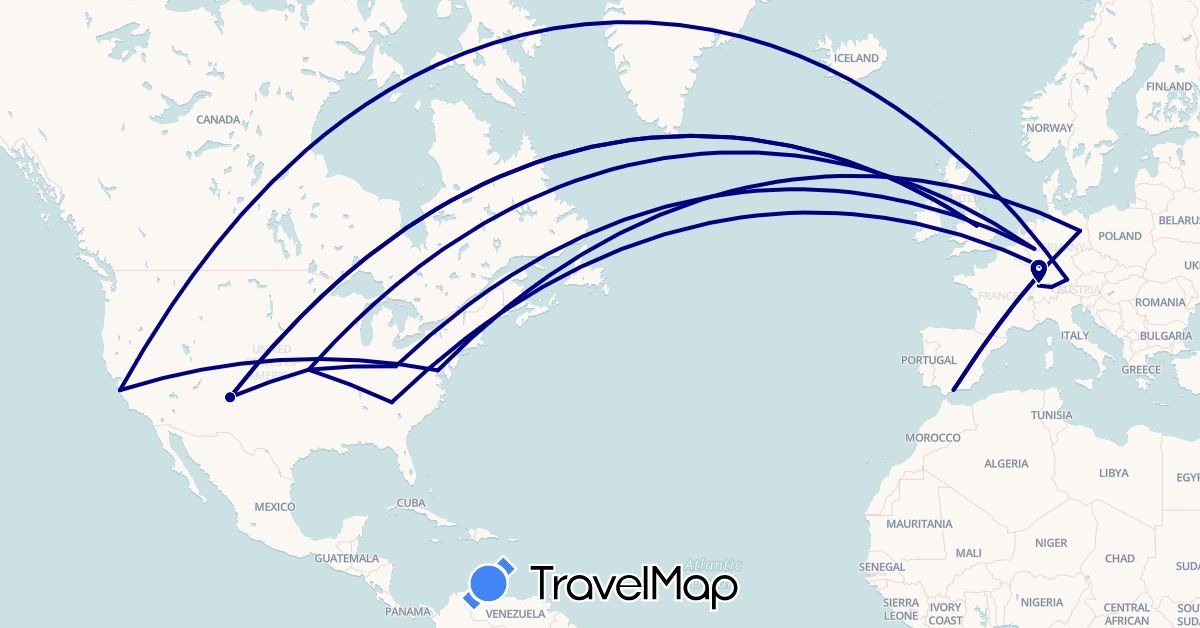 TravelMap itinerary: driving in Switzerland, Germany, Spain, United Kingdom, United States (Europe, North America)